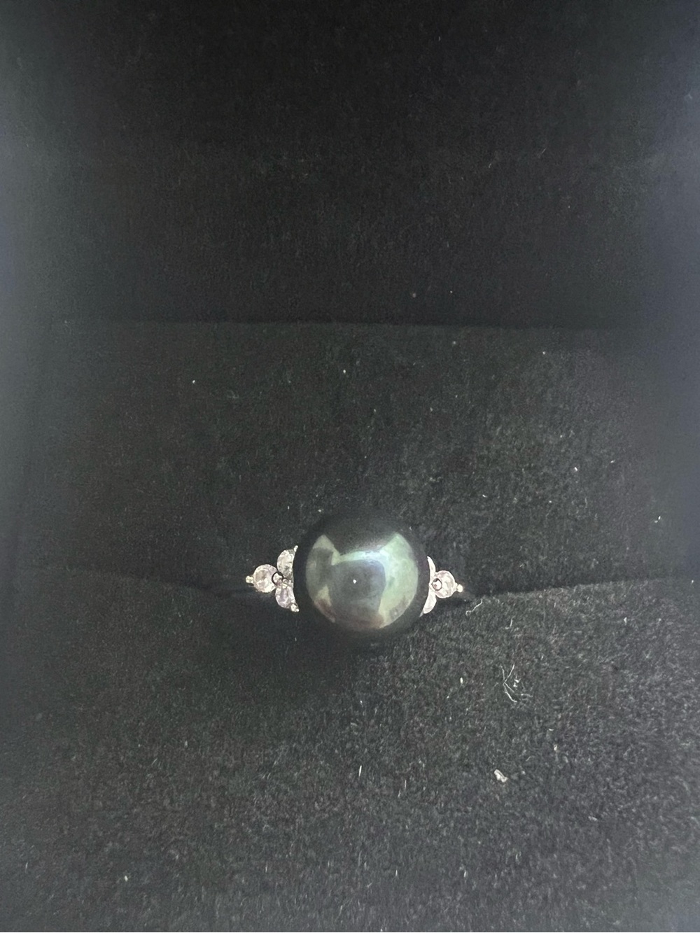 Black Freshwater Pearl Ring with Accent Stones in Sterling Silver